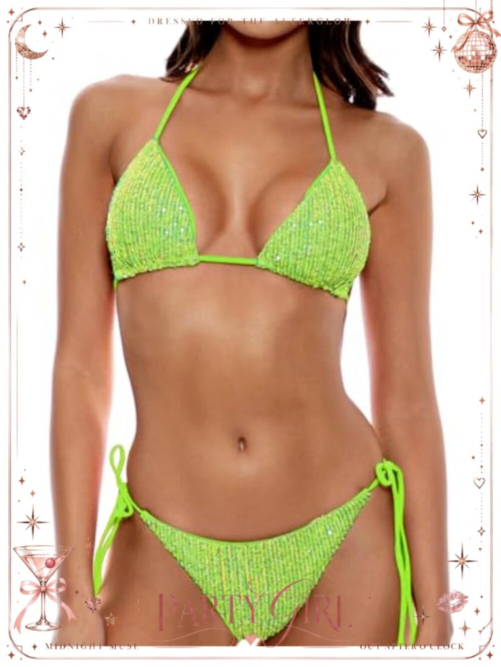 Shiny Sequin Triangle Bikini Set Halter String Backless Tie Side Two Piece
